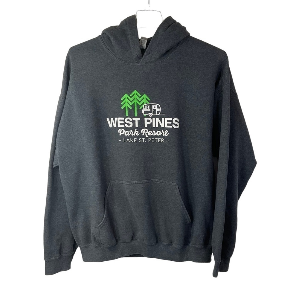 Grey Camping Hoodie XL West Pines Lake St.‎ Peter Logo Camper Trees